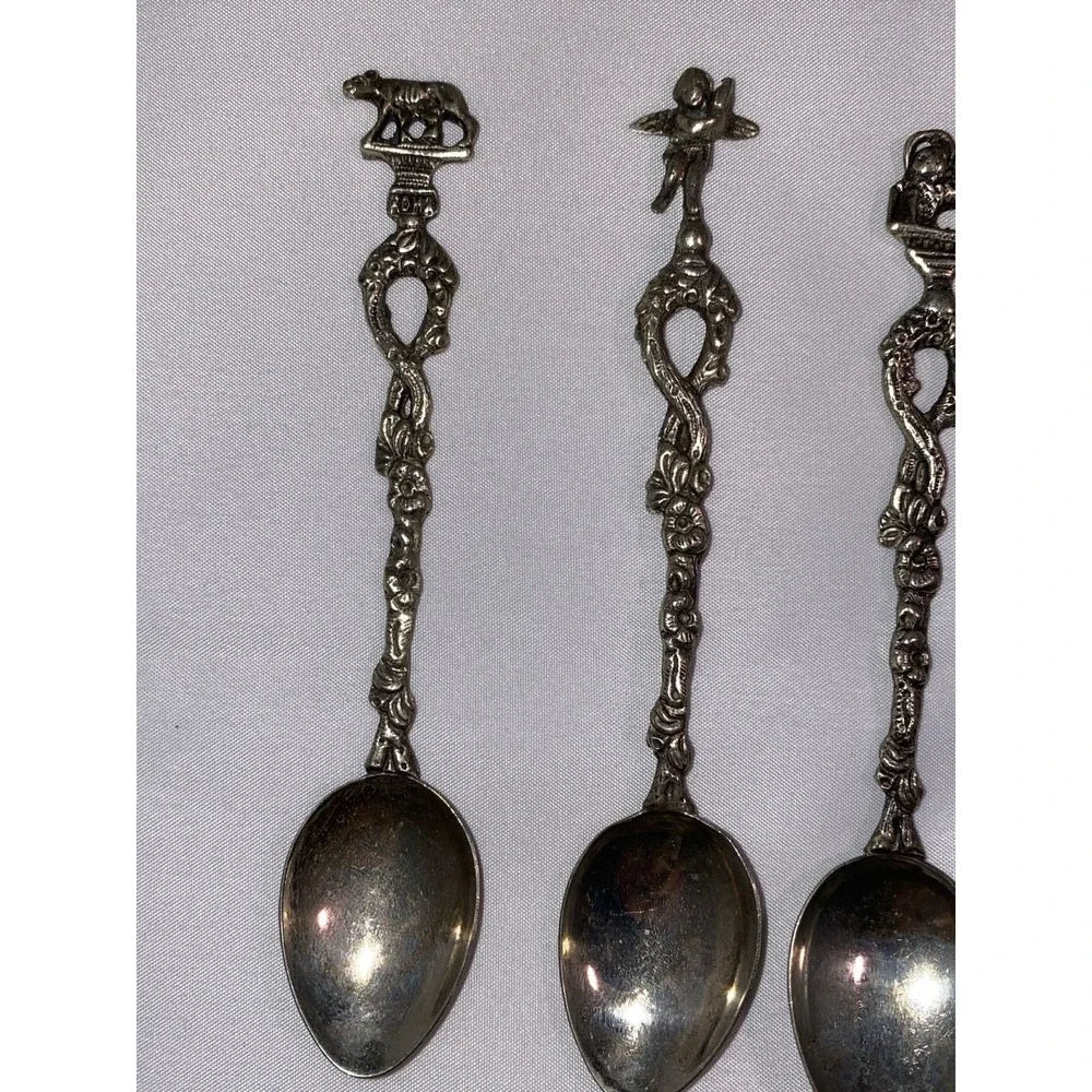 Set of 7 Montagnani Style Italy Stamped Figural Demitasse‎ Spoons Ornate Vintage
